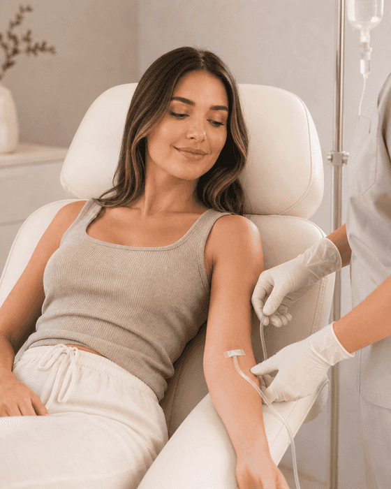 A client reclines in a cream treatment chair while a gloved clinician checks the taped dressing and tubing on her forearm, with a fluid bag on an IV pole behind her.