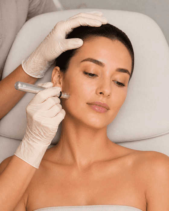 A clinician in cream gloves steadies a client’s head and holds a pen-shaped microneedling handpiece against her cheek.