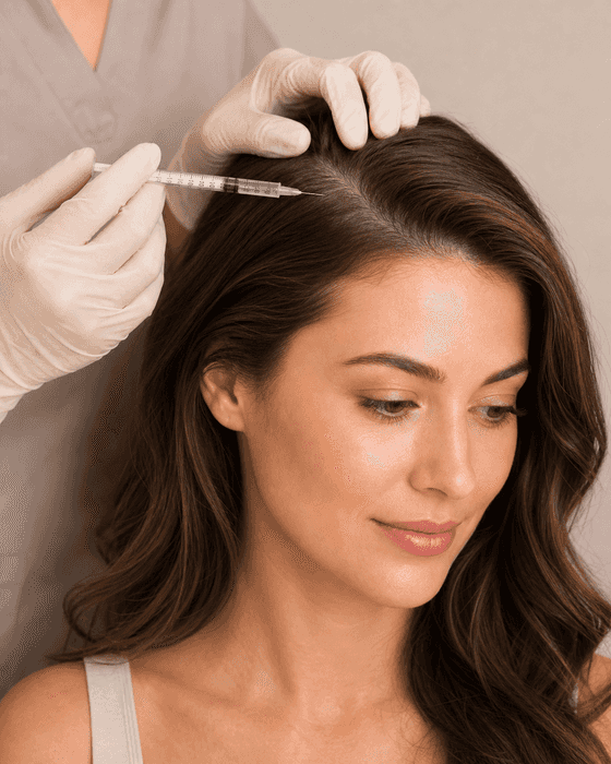 A clinician in cream gloves parts a client’s hair at the crown and holds a small graduated syringe to the scalp along the parting.